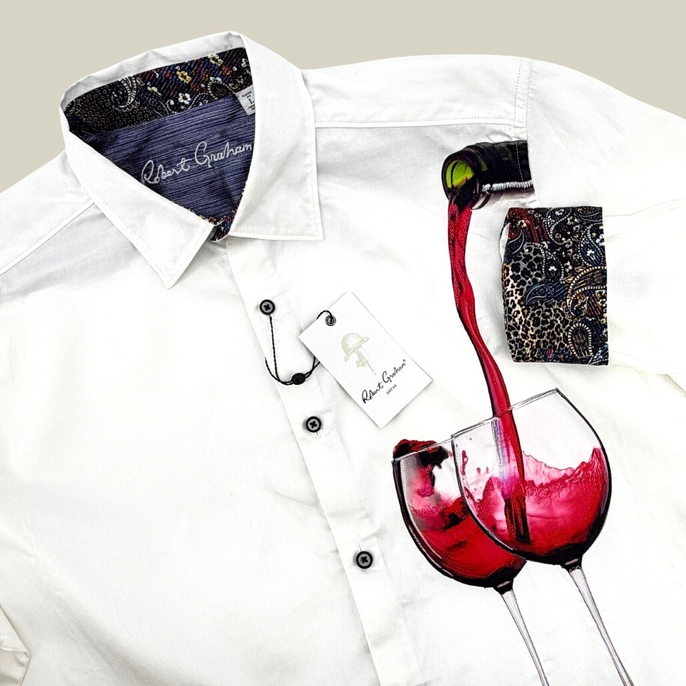 NEW Robert Graham Date Night Shirt Mens L White  Wine Graphic Classic Fit Cotton